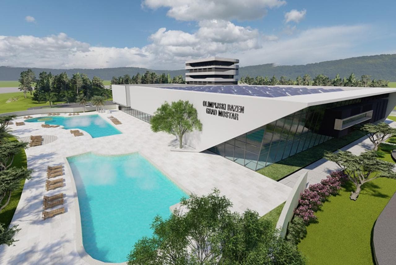 Vizualizacija projekta Olimpijskog bazena Grad Mostar: zgrada s natpisom i vanjski bazeni